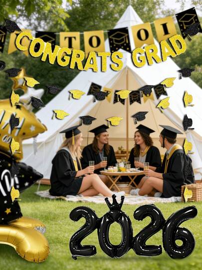 1 Set Black & Gold Graduation Decorative Flags Banner, "CONGRATS GRAD" Shiny Letter Flags With Graduation Cap Ornament, 2026 Graduation Party Decor, Shiny Banner, Graduation Backdrop Decor, Suitable For 2026 Graduation Decorations, Backdrop Decor, Home Graduation Decor, DIY Holiday Hanging Decor