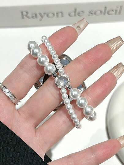 1条女士精致双排仿珍珠弹力表带，适用于38/40/41/44/45/49/42/46mm S11/SE3/Ultra3/Ultra/SE/SE2/10/9/8/7/6/5/4/3/2/1