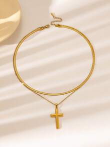 1pc Minimalist Fashionable Gold Cross Pendant Necklace, Stainless Steel Material, Unisex Casual Street Style - Gold - View 7