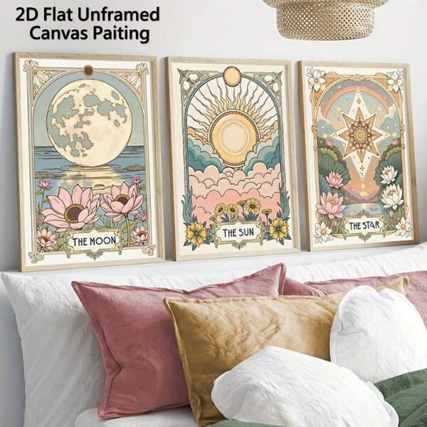 3er-Set Vintage Sonne Stern Mond Tarot Leinwandkunst, Retro Floral Botanische Wandkunst, Boho Blumen Leinwandplakate, Himmlische Wanddekoration, Astrologie Geschenk für Wohnzimmer, Schlafzimmer, Küche, Büro, Café, Bar, Studentenwohnheim, Flur, Heim- und Raumdekor, Ungerahmt