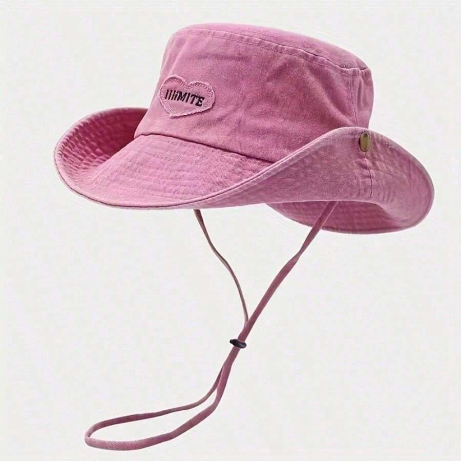 Japanese Love Patch Bucket Hat, Outdoor Holiday Travel Sun Hat, - Hồng - Xem 1
