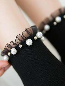 1pair Women Faux Pearl Decor Frill Trim Fashionable Crew Socks For Daily Life, Fall Socks - 黑色 - 查看 2