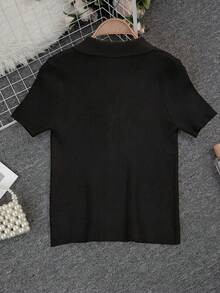 T-shirt tricoté à manches courtes raglan col polo à la mode pour femmes, nouveau cardigan léger et décontracté pour le printemps/été, noir - Noir - Voir 7