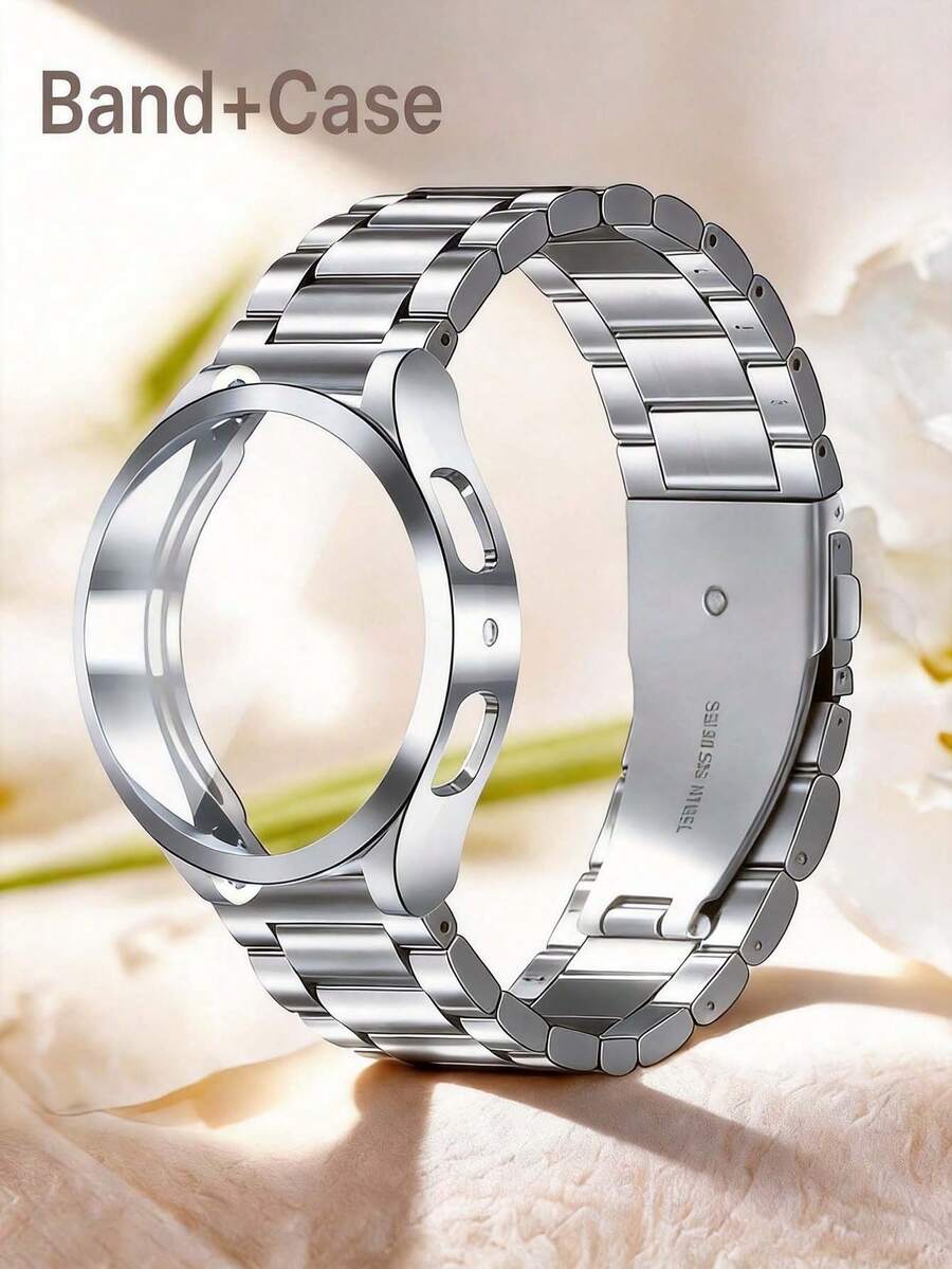 Huastonband 適用於 Galaxy Watch 4 40mm 44mm 錶帶 - Galaxy Watch 5 40mm 44mm 錶帶 - Galaxy 6 / 7 40mm/44mm，一套適用於銀色錶帶錶殼，經典風格搭配，不鏽鋼金屬三節錶帶配軟殼，男女通用智慧手錶配件，適合送給朋友，適用於聚會、派對、商務活動和日常佩戴