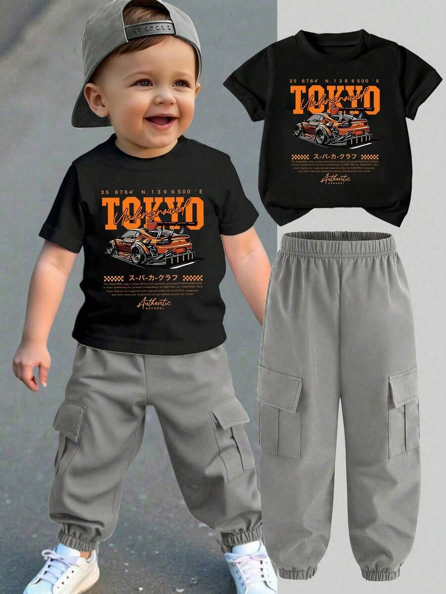 Baby Boy Letter & Car Print Round Neck Short Sleeve T-Shirt And Solid Color Elastic Waist Pants Set - Black - View 1