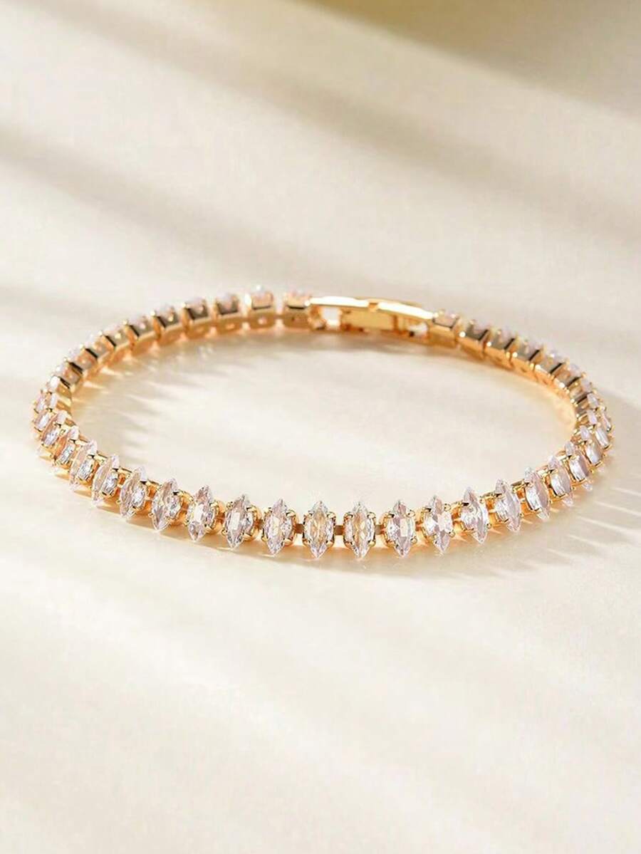 1pc Fashion Cubic Zirconia Sparkling Bracelet, Suitable For Women & Men, Wedding Party, Exquisite Jewelry Gift - Gold - View 1