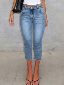 Light Wash Distressed 3/4 Jeans Women, Stretchy Pencil Pants Casual, Commute Summer - 輕洗 - 查看 4