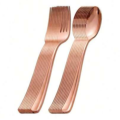 2/10/25/50/100件套玫瑰金餐具套装，可重复使用的沙拉叉和勺子，是生日派对、婚礼、公司活动、母亲节礼物的理想之选。