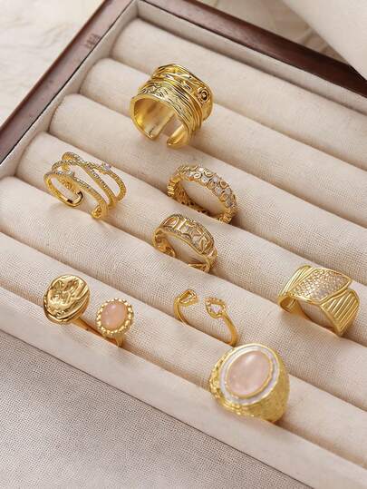 1 Set luxuriöser Retro 18K Goldplattierter Zirkonia Multi-Stil Stapelringe, geeignet für den täglichen Gebrauch, den Arbeitsweg und Dates