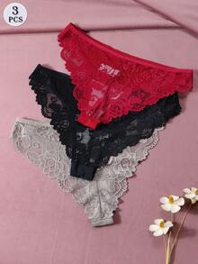 3 pezzi/Set Mutandine in pizzo sexy da donna, biancheria intima in seta - Multicolore - Visualizzare 4