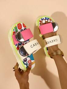 女士厚底极简时尚多巴胺涂鸦印花魔术贴凉鞋 - 粉色 - 查看 7