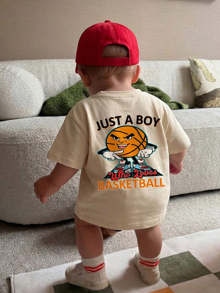 1件装幼儿男童休闲圆领短袖T恤,趣味篮球卡通图案及“Just A Boy”字母标语印花,夏季运动街头服饰,透气上衣 - 杏色 - 查看 1