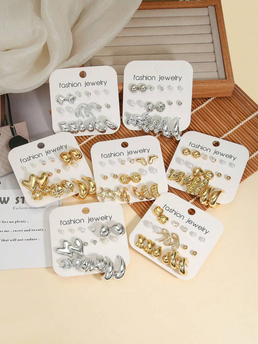 9 paires de boucles d'oreilles à tige océan animal nœud papillon, forme de cœur, perle et cristal CCB, idéal pour les tenues d'été et les vacances à la plage. Convient aux filles pour un usage quotidien, cadeau idéal pour les amis - Multicolore - Voir 1