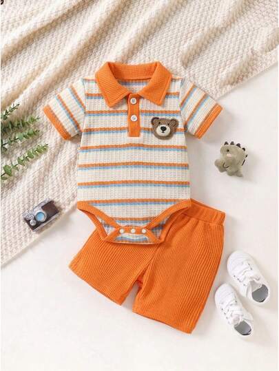 1 Set Baby Boy Energetic Striped Knitted Bear Polo Outfit, Lightweight Short Sleeve Waffle Polo Shirt + Elastic Waist Shorts, Sunny Outfit For Daily Wear, Outing, Photo Shoot, Spring/Summer