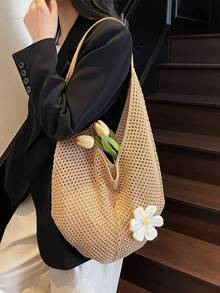 女士钩针编织沙滩包，夏季沙滩手提包，网眼可爱沙滩钱包，美观针织手提单肩包，卡其色 - 卡其色 - 查看 9