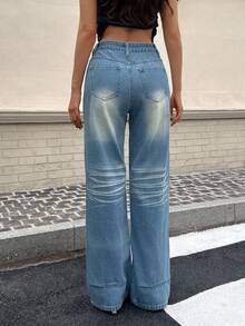 Women's High Waist Straight Leg Jeans, Non-Stretch, Personalized Washed & Distressed - Light Wash - View 2