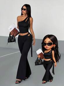 Bộ đồ nữ AITYI Studio, kiểu dáng ôm sát, màu đen, thiết kế bất đối xứng khoét rỗng, gợi cảm, đa năng, phong cách Y2K gồm áo crop top và quần ống rộng, phù hợp cho mặc hàng ngày, lễ tốt nghiệp, lễ hội âm nhạc, mùa hè. - màu đen - Xem 1