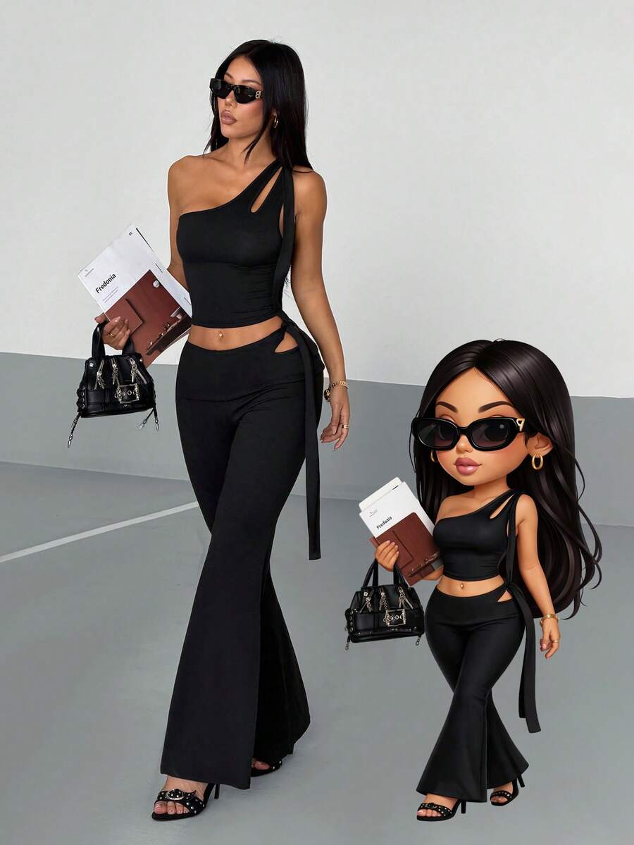 Bộ đồ nữ AITYI Studio, kiểu dáng ôm sát, màu đen, thiết kế bất đối xứng khoét rỗng, gợi cảm, đa năng, phong cách Y2K gồm áo crop top và quần ống rộng, phù hợp cho mặc hàng ngày, lễ tốt nghiệp, lễ hội âm nhạc, mùa hè. - màu đen - Xem 1