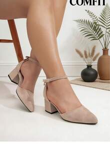 Giày cao gót đế rộng, giày cao gót đế dày khoét rỗng thắt nơ màu mơ mũi nhọn bằng nhung, sandal đế rộng. - Màu be - Xem 4