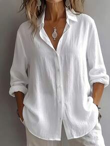 Women's Elegant Resort Style V-Neck Top, Loose And Relaxed Linen Blend Shirt, Suitable For Commuting, Casual, And Artistic Styles, Slimming And Flattering, Everyday Chic, Loose-Fitting, Draping, Breathable, Comfortable, And Relaxed Style. - 白色 - 查看 1