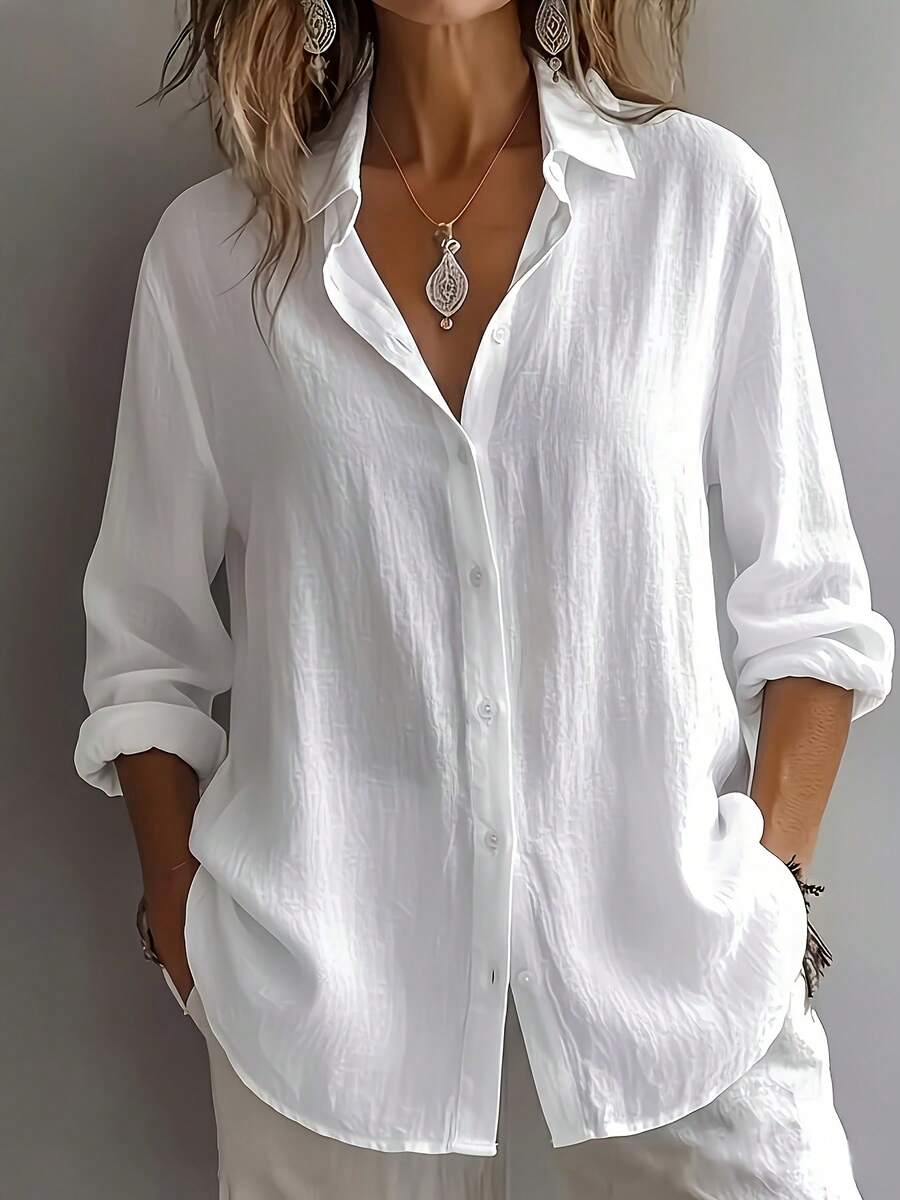 Women's Elegant Resort Style V-Neck Top, Loose And Relaxed Linen Blend Shirt, Suitable For Commuting, Casual, And Artistic Styles, Slimming And Flattering, Everyday Chic, Loose-Fitting, Draping, Breathable, Comfortable, And Relaxed Style. - 白色 - 查看 1