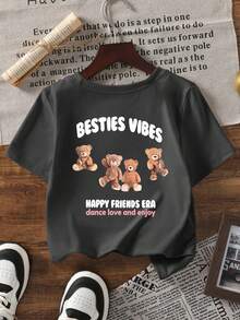 1件幼儿男童“BESTIES VIBES”泰迪熊图案短袖圆领T恤 - 深灰色 - 查看 2