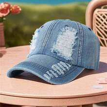 Women Men Baseball Cap, Vintage Denim Hat Ripped Adjustable Sun Visor Hat For Casual Daily - Blue - View 8