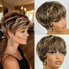 精灵挑染 4/27# 女士真人发假发 - 浅棕色至深棕色，6 英寸短款巴西发，无胶玫瑰网帽，150% 密度，完美适用于派对、新年造型、韩流、K-Pop 酷炫风格，百搭风格（休闲、优雅、学院风、商务、端庄、浪漫、魅力、复古、街头、运动、可爱、皇家风、简约、度假、日常、假日），适合音乐节、母亲节、情人节、角色扮演、派对、婚礼、节日等场合。 - SP4/27 - 查看 4