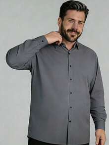 Áo sơ mi dài tay cỡ lớn dành cho nam, áo sơ mi thường ngày màu xám đậm thời trang, áo khoác sơ mi cỡ lớn màu trơn - Màu xám đen - Xem 3