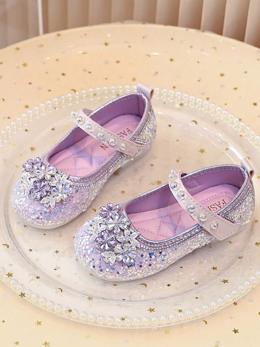 Girls' Silver Glitter Snowflake Rhinestone Mary Jane Flat Shoes, Non-Slip Princess Formal Summer Children's Shoes - Mauve Purple - View 1