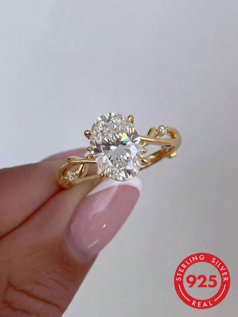 1pc 925 Sterling Silver Elegant Vine Pattern 2ct Oval Ring, Vintage Party Birthday Ring For Women, Fashion Jewelry Gift - Dendrite Oval Diamond Ring - View 1