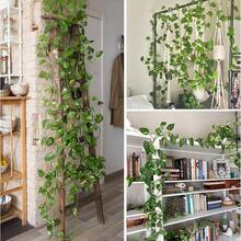 6 piezas de enredaderas de hiedra verde artificial, enredaderas colgantes falsas adecuadas para el hogar, el aula, la oficina, la decoración de primavera, la habitación, el escritorio, el jardín, el coche de boda - Verde - Ver 10