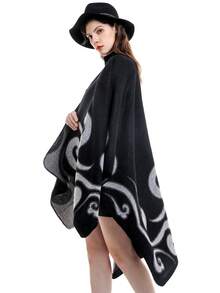 Áo choàng nữ cổ điển bằng chất liệu giả cashmere, xẻ tà, ấm áp, kiểu dáng sang trọng. Áo choàng vai họa tiết jacquard hình đám mây may mắn. - màu đen - Xem 2