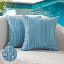 Outdoor Waterproof Throw Pillow Covers 16x16 Set Of 2 Decorative Outside Patio Furniture Cushion Cases Decor For Garden Bench Porch Couch Tent Chair Sunbrella Stripe Teal - 藍綠色 16 英吋 x 16 英吋(2 件裝) - 查看 3