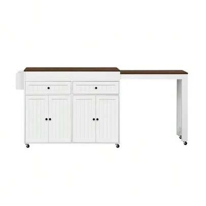 Kitchen Island With Wheels, Extendable Kitchen Island For Dining Room With Countertop And Drawers, Freestanding Mobile Kitchen Island, Ideal For Kitchen And Dining Room (Grey+Natural)