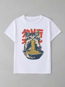Camiseta de manga corta para mujer, holgada y casual para uso diario, camiseta retro con diseño de gato ramen, camiseta con diseño de gatito adorable, camiseta con estampado de póster vintage, top grueso, regalo divertido con diseño de animales, ropa para amantes de la comida, diseño divertido, adecuada para uso casual diario, fiestas, viajes, temporada de regreso a clases, regalo perfecto, ropa blanca de verano. - 1 - Ver 5
