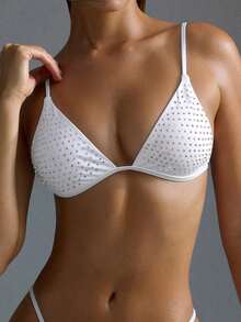 女士彩色水晶装饰丁字裤比基尼套装，夏季海滩度假白色 - 白色 - 查看 5