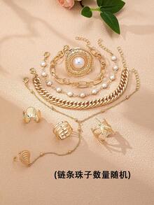 8件套金色叠层链条手链套装和星星戒指套装，波西米亚风度假首饰套装，优雅的指环至腕链，女士款（链条和珠子数量随机） - 彩色 - 查看 4