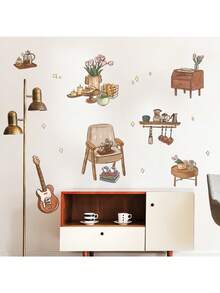 Adesivo de parede autoadesivo com sofá vintage, conjunto de chá, cristaleira e guitarra para quarto ou sala de estar. Tema vintage criativo, material PVC, pintura de parede divertida, decoração removível, design colorido e fofo. - Sofá, conjunto de chá, floreira, guitarra - Ver 3