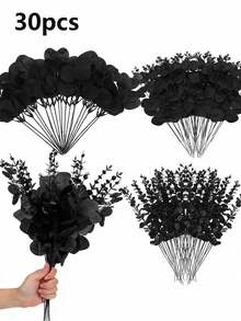 30pcs Eucalyptus Leaf Stems With Fruit, Artificial Greenery For Halloween, Suitable For Wedding Vase Bouquet Floral Arrangement Home Decor Halloween Decor Room Decor - Black - View 7