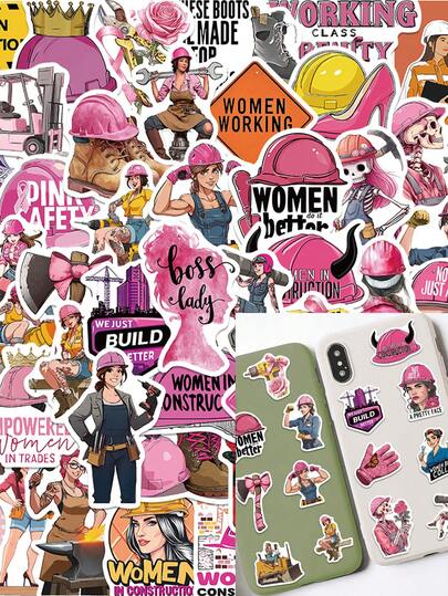 50pcs/Set Cute Cartoon Pink Hard Hat Women Worker Stickers, Decorative Decals For Luggage Notebook Stationery Scrapbook Laptop Journal Phone Sticker