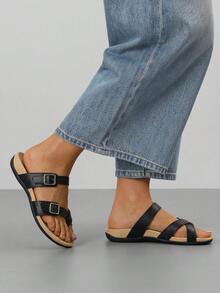 Athlefit Women's Orthopedic Sandals Wide Width Adjustable Comfort Orthotic Flip Flops With Arch Support - 黑色 - 查看 6