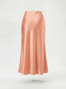 Jupe longue en satin à taille élastique pour femmes, style mode toutes saisons, printemps - Orange clair - Voir 5