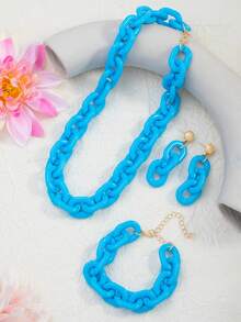 一套4件时尚创意蓝色亚克力链吊坠项链、手链、耳环首饰套装，百搭女士饰品 - 藍色 - 查看 2