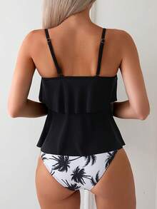 Local Delivery-New European And American Women'S Two-Piece Swimsuit Tankini Triangle Pants Coconut Tree Print Solid Color Swimwear For Women - Black - View 2