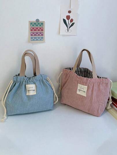 Corduroy Canvas Lunch Bag, Drawstring Picnic Cloth, Small Handbag, Lunch Box, Food Storage Bag