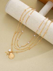 3 pièces/set Collier pendentif minimaliste élégant vintage géométrique, faux perle, coquillage, étoile de mer, perle. Ensemble de colliers multicouches en chaîne métallique. Convient pour les vacances, les fêtes, le port quotidien, les cadeaux - Or jaune - Voir 3