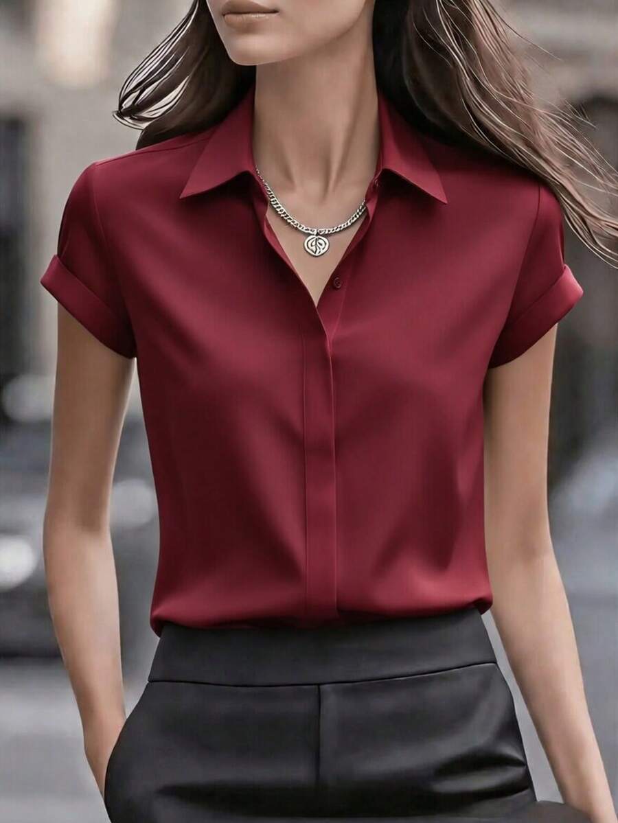 Women's Elegant White Short Sleeve Shirt With Collar Button, Regular Length Top Summer