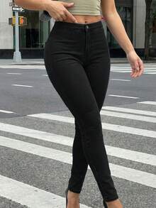 Women's Mid-Rise Stretch Denim Skinny Jeans | Booty-Lifting Slim-Fit Curvy-Fit Trousers - 黑 - 查看 4