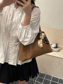 2026 Spring New Arrival High-End Fashion Pleated Large Capacity Tote Bag With Scarf, Luxury Versatile Shoulder Handbag - Brown - View 3